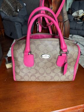Coach Signature Mini Bennett Satchel / Mini Rowan style in Khaki  bright pink